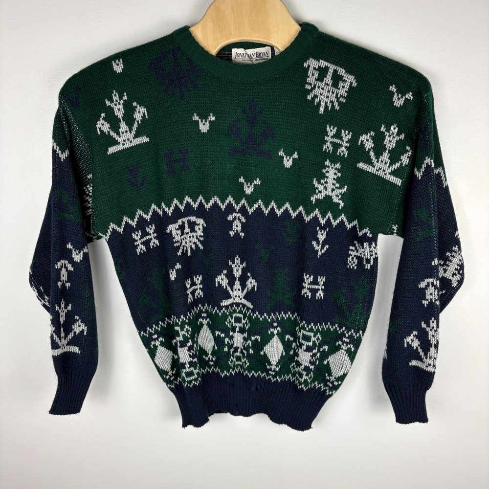 Vintage Jonathan Bryan Knit Sweater L G Navy Green‎ Nautical Anchor Fair Isle